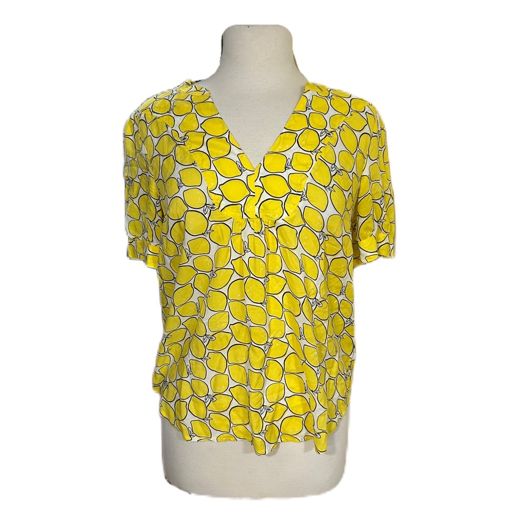 Anthropologie Conversations 3/52 Yellow Lemon Print V-Neck Top Blouse Size 2